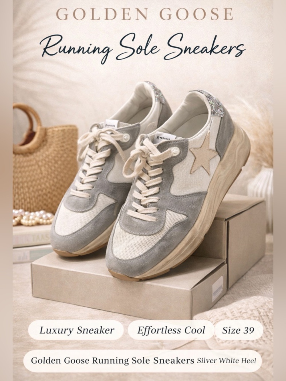 Golden Goose Running Sole Sneakers Silver White Glitter Heel Size 39